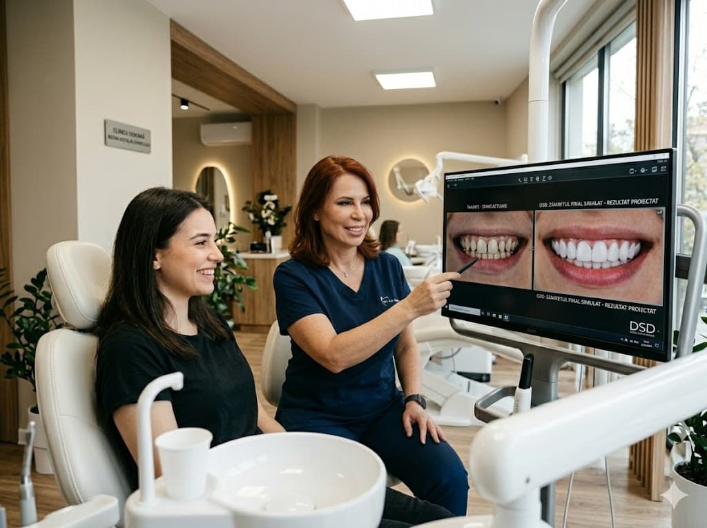 Consultatie Digital Smile Design — Dr. Ada arata pacientei simularea zambetului pe monitor
